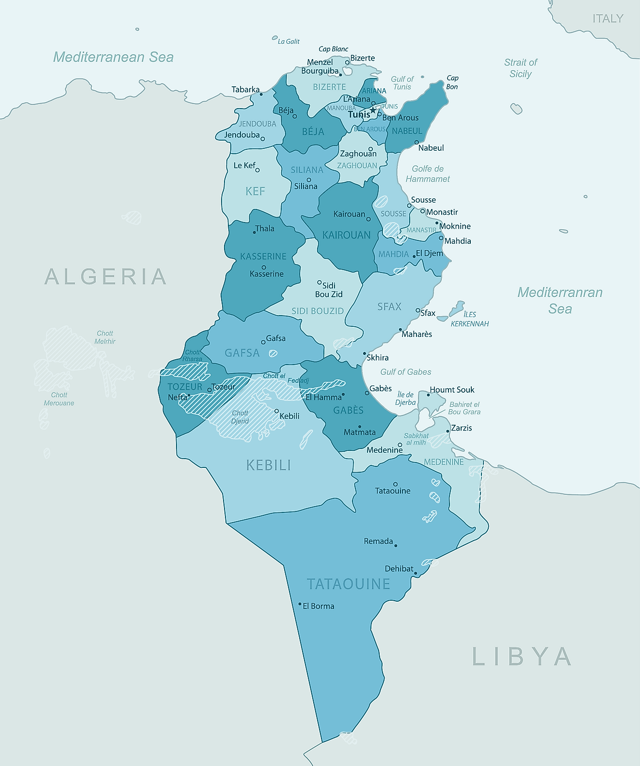Mapa político de Túnez que muestra las 24 gobernaciones del país, sus capitales y la capital nacional de Túnez.