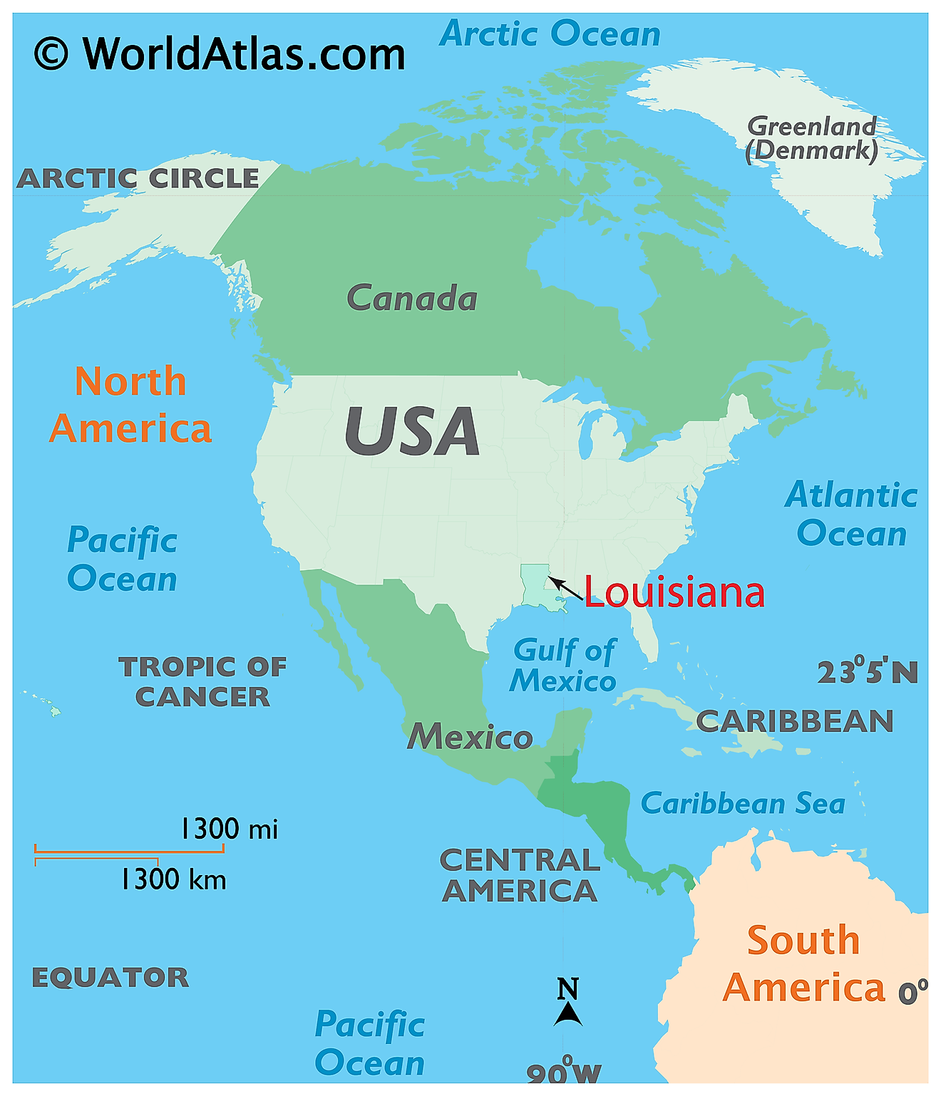 Map showing location of Louisiana in the world.