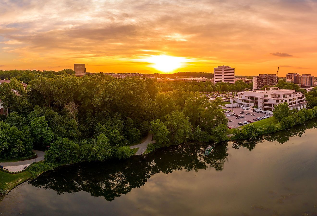 Aerial sunset panorama of Columbia Town Center in Maryland. Image credit tokar via Shutterstock