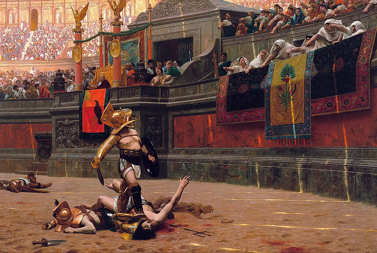 Paintings of gladiators in combat. By Jean-Léon Gérôme - phxart.org : Gallery, Pic, Public Domain, Wikimedia Commons.