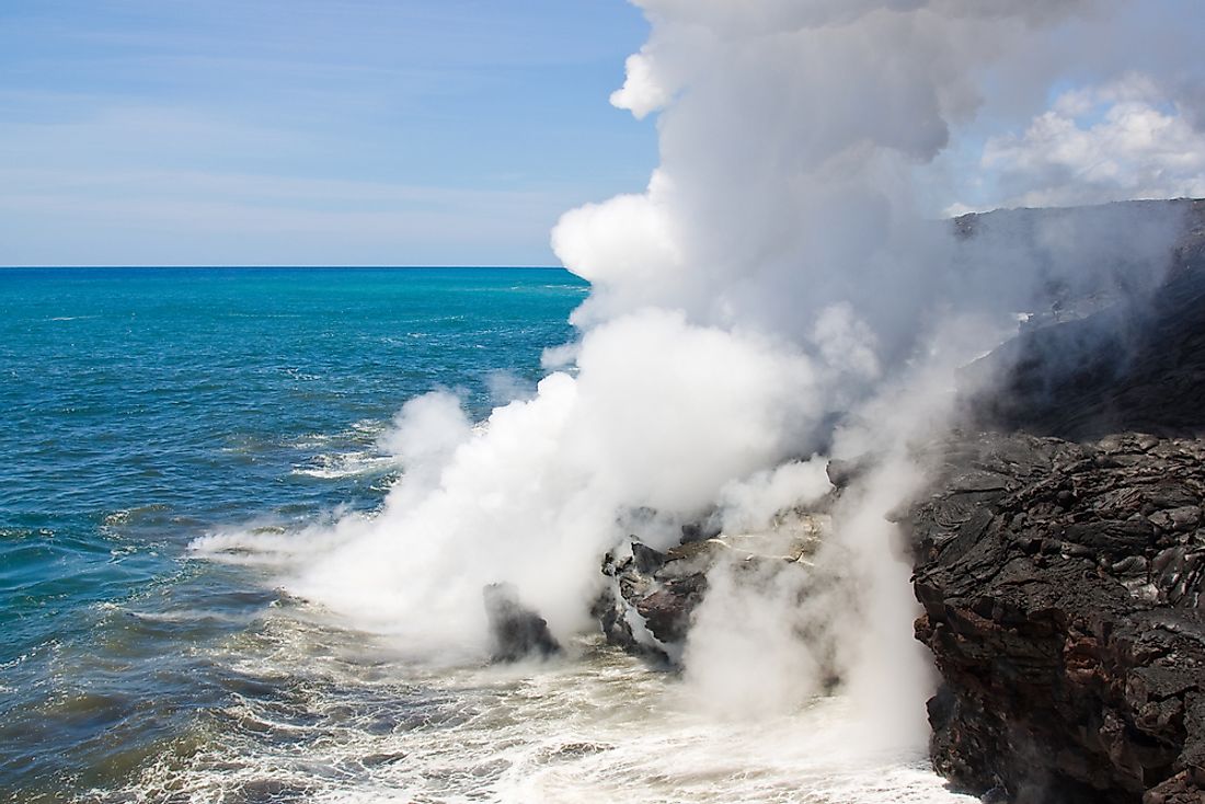Laze is caused by molten lava flowing into the ocean. 
