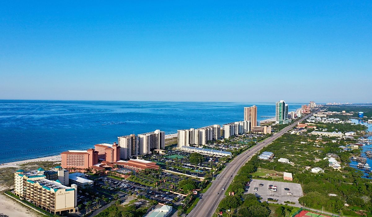 Aerial view of the coast along Orange Beach in Alabama.