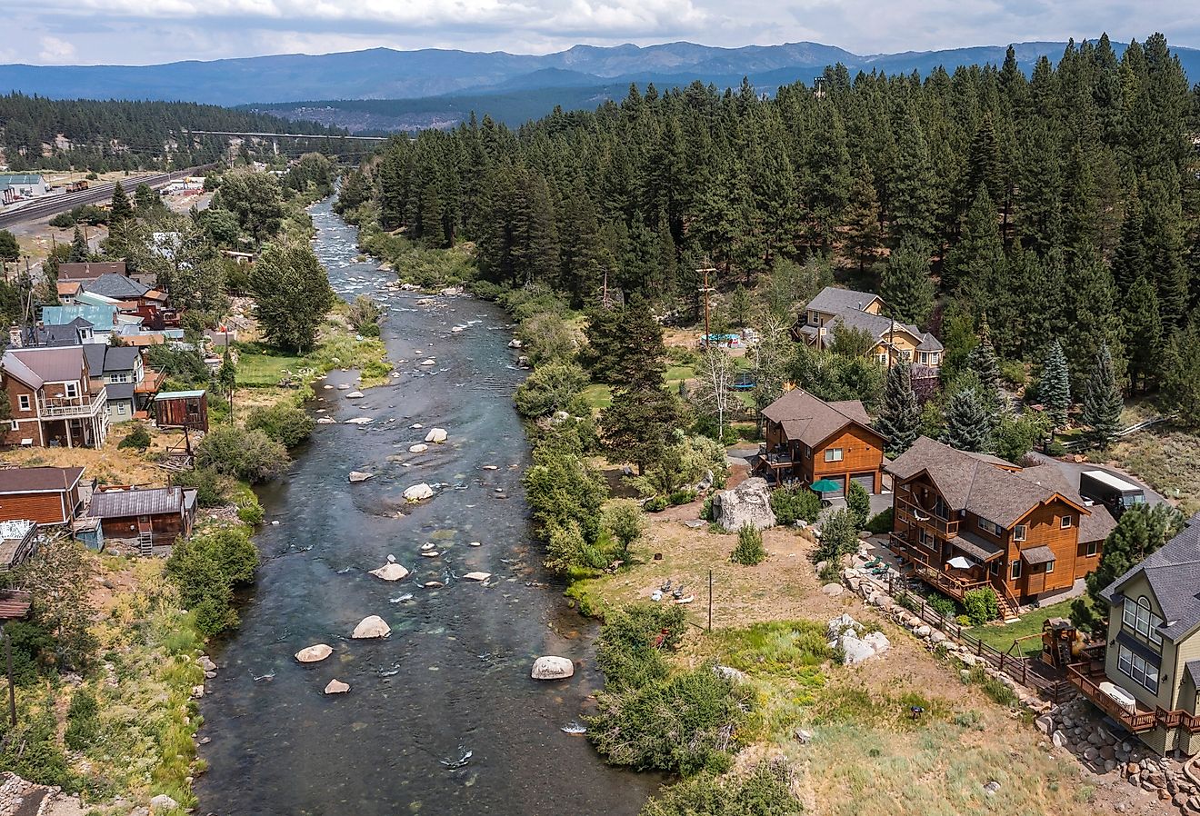 Afternoon neighborhood view of historic homes in Truckee, California.