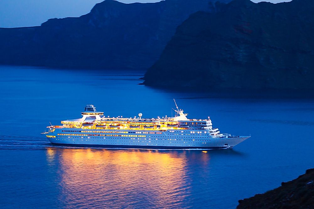 A cruise ship in the Mediterranean Sea at night. 