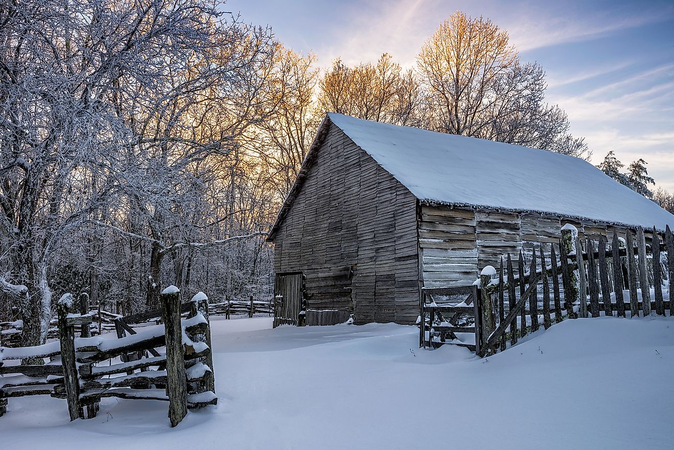 Old barn and fresh snow at the Cumberland Gap National Park.