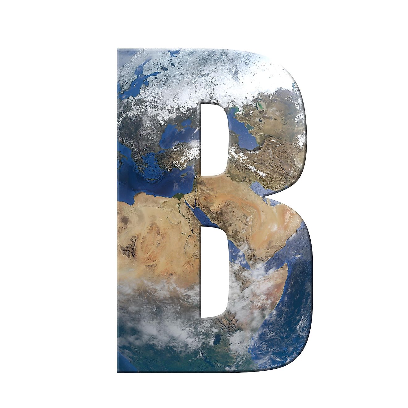 The Letter "B" decorated in the features of Planet Earth.
