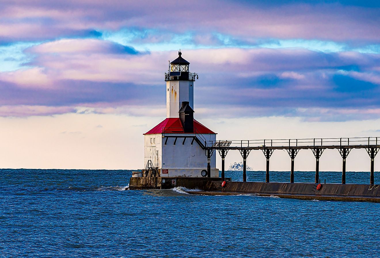 Michigan City East Pierhead Lighthouse view in Michigan City, Indiana.