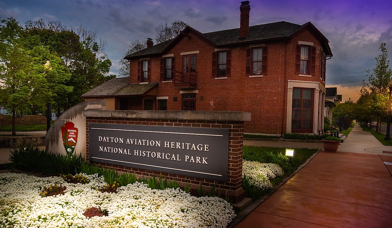 Sunsets behind the Dayton Aviation Heritage National Historical Park. Editorial credit: RozenskiP / Shutterstock.com