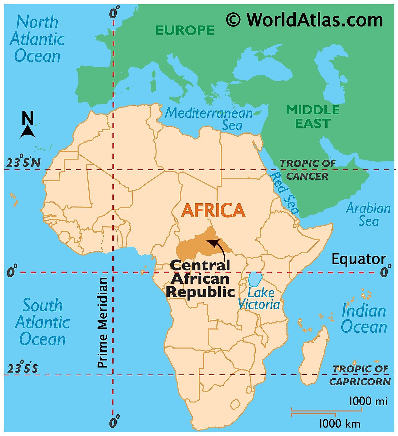 Map showing location of Central African Republic in the world.