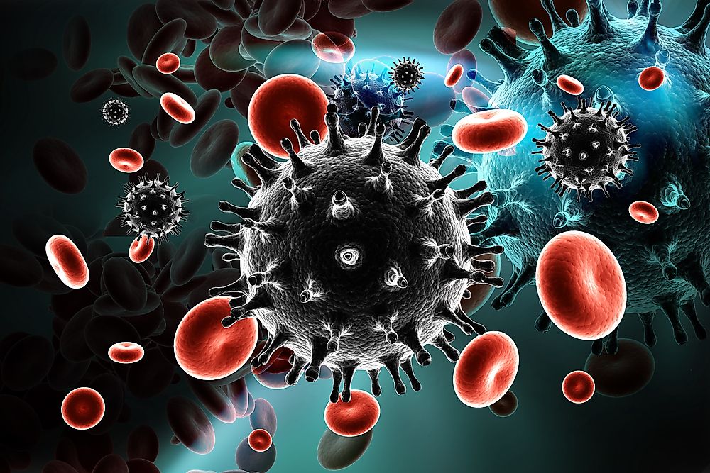 A digital illustration of the HIV virus in the blood stream. 