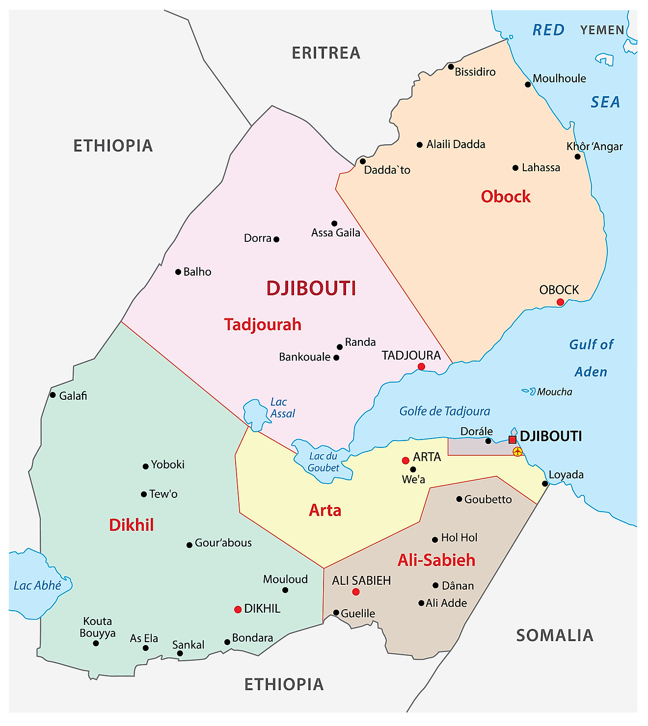 Mapa político de Djibouti que muestra 6 regiones, sus ciudades capitales y la capital nacional de la ciudad de Djibouti.