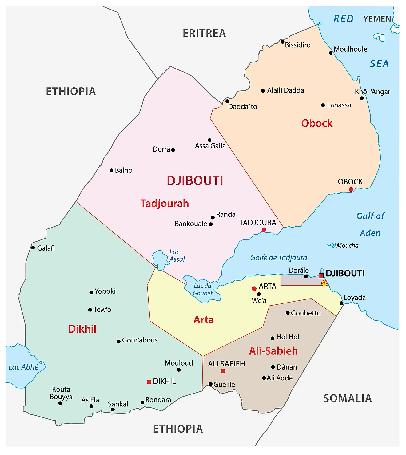 Political Map of Djibouti displaying 6 regions, their capital cities, and the national capital of Djibouti City.