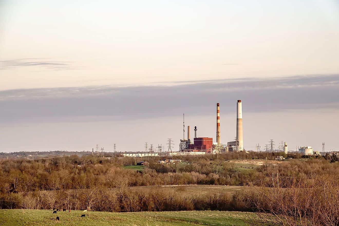 Cattle graze within sight of a power plant near Harrodsburg, Kentucky, USA, for rural, industrial, and agricultural themes