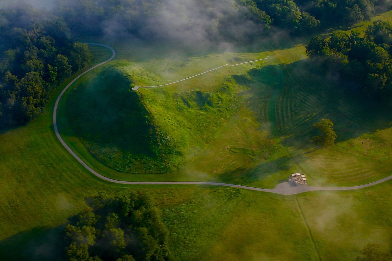 Aerial view of a mound at the Monumental Earthworks of Poverty Point. Image credit https://commons.wikimedia.org/wiki/File:Mound_B.jpg