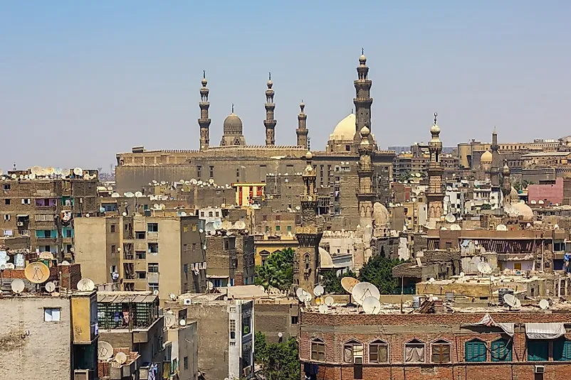 Ancient minarets contrasts modern satellite television dishes in Cairo, Egypt, the largest city in the Middle East.