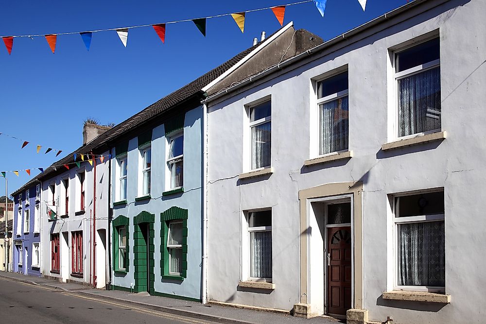 Colorful terraced houses in Kidwelly, Wales.
