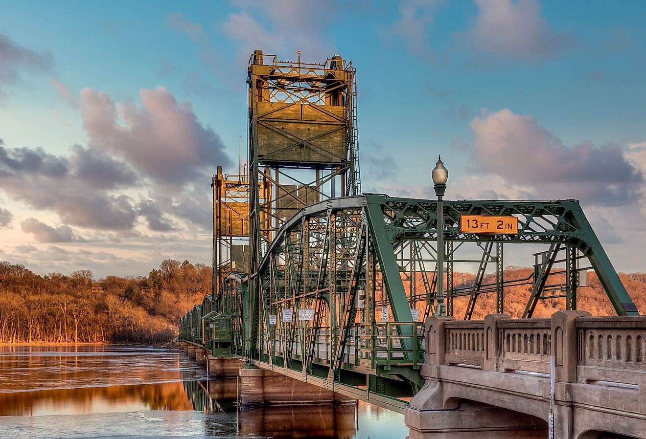 The Stillater Lift Bridge at dusk in Stillwater, Minnesota.