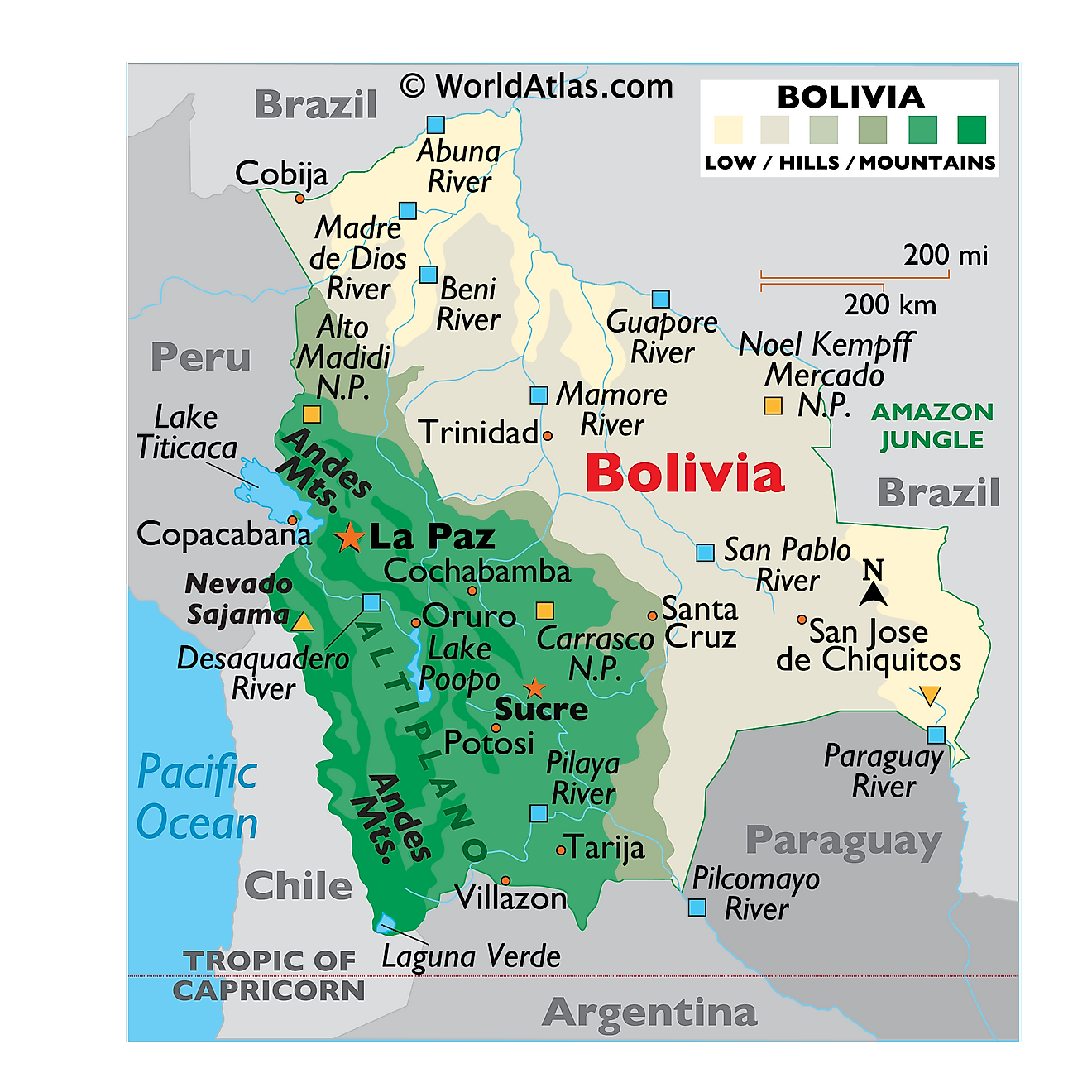 Physical Map of Bolivia showing relief, rivers, mountains ranges, major lakes, important cities, bordering countries, and more.