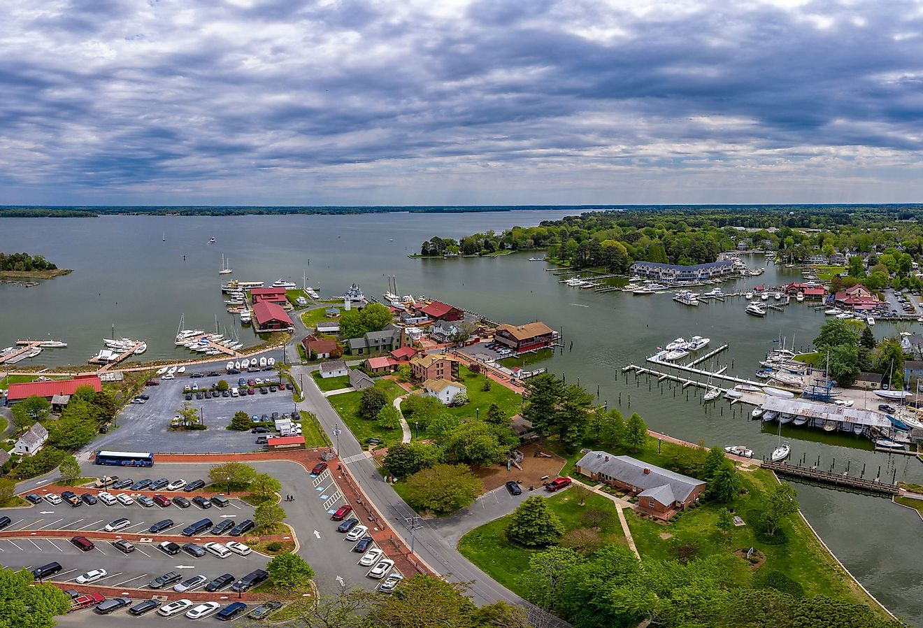 St. Michaels Maryland aerial view panorama in Chesapeake bay. Image credit Andrea Izzotti via Shutterstock.