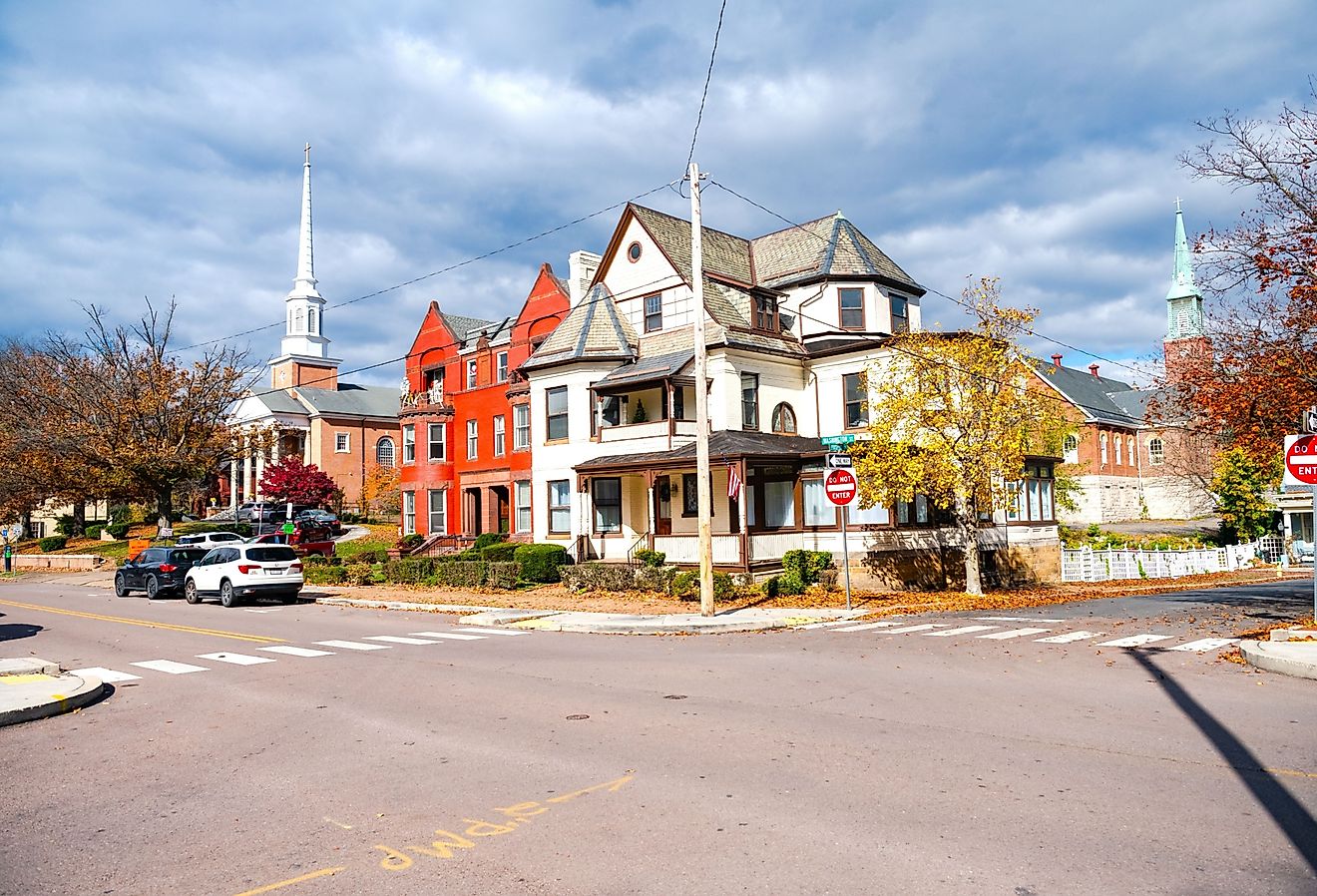 Ancient architecture of the city of Cumberland in Maryland in Allegany, churches and red brick houses. Image credit Krisoff via Shutterstock.