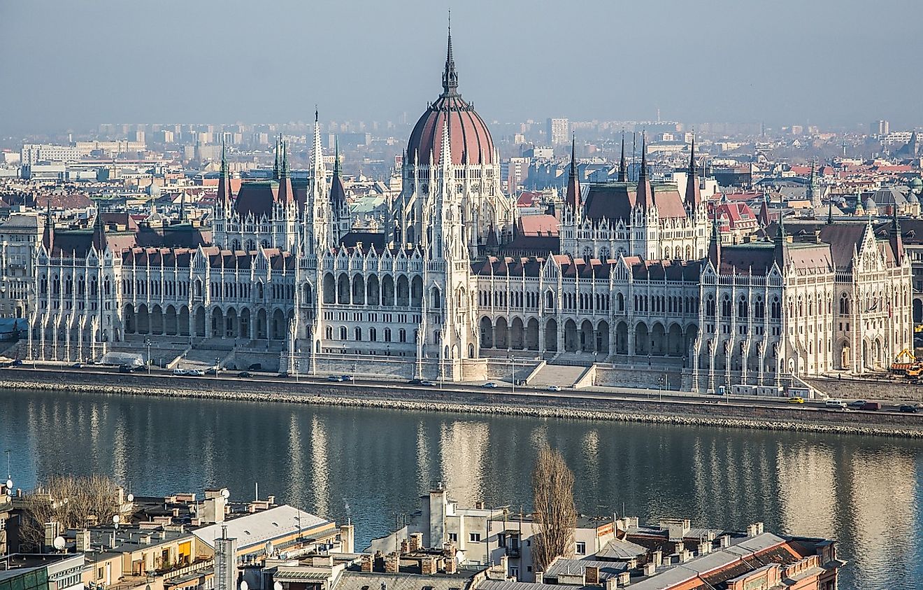 The Hungarian Parliament Building as seen from across the Danube river on the Buda side of the city.