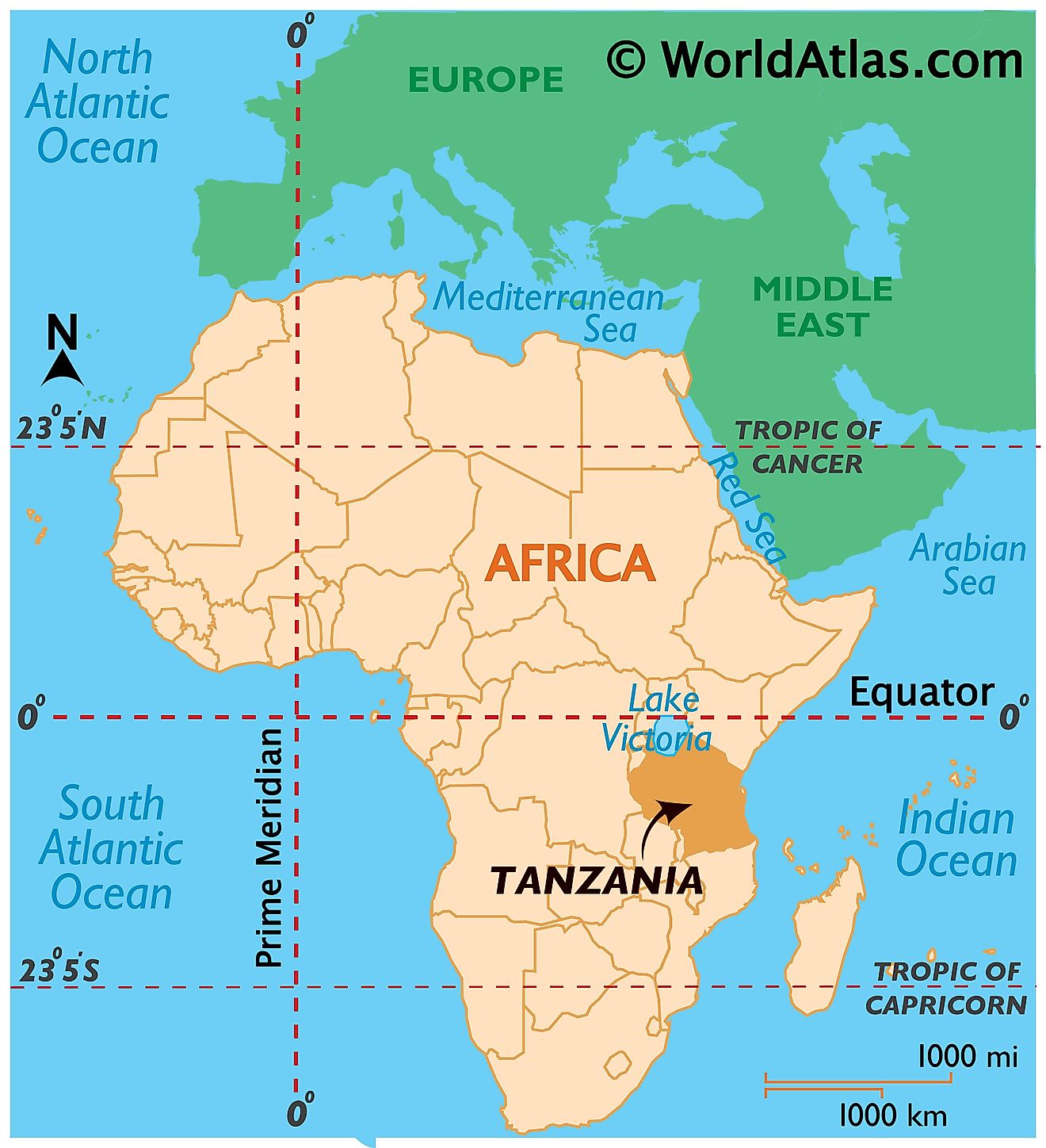 Mapa que muestra la ubicación de Tanzania en el mundo.