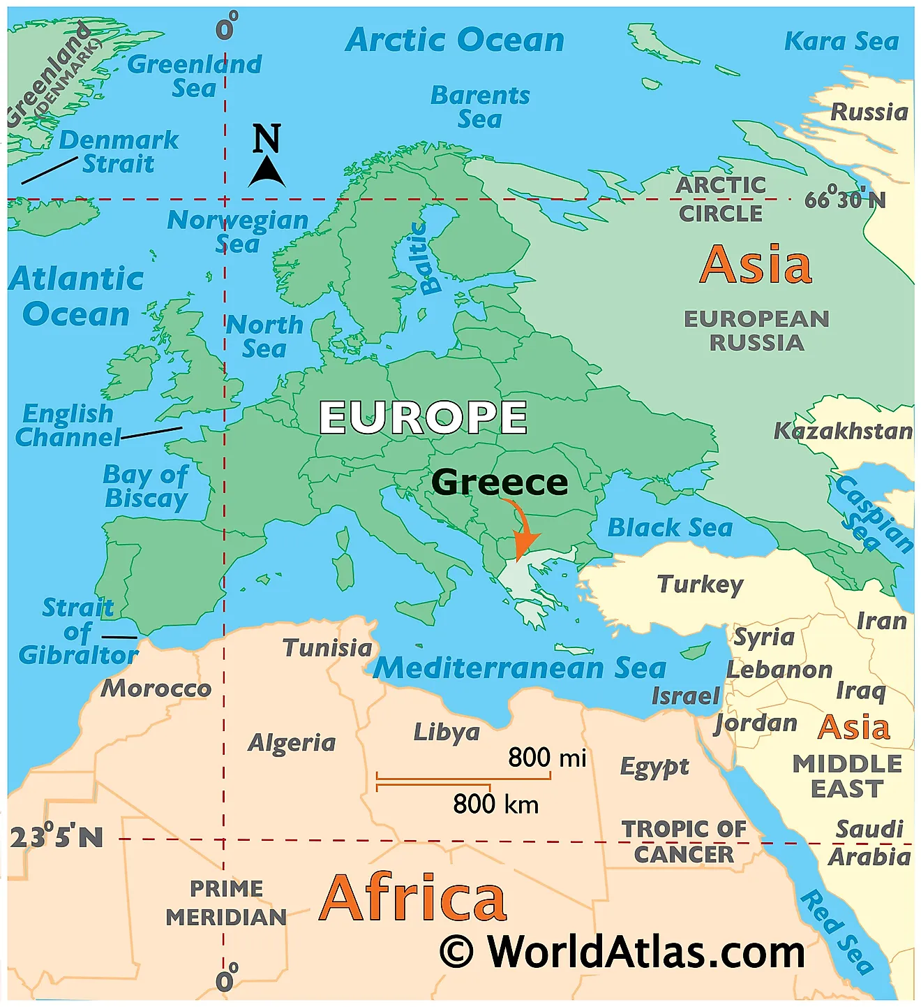 Map showing location of Greece in the world.