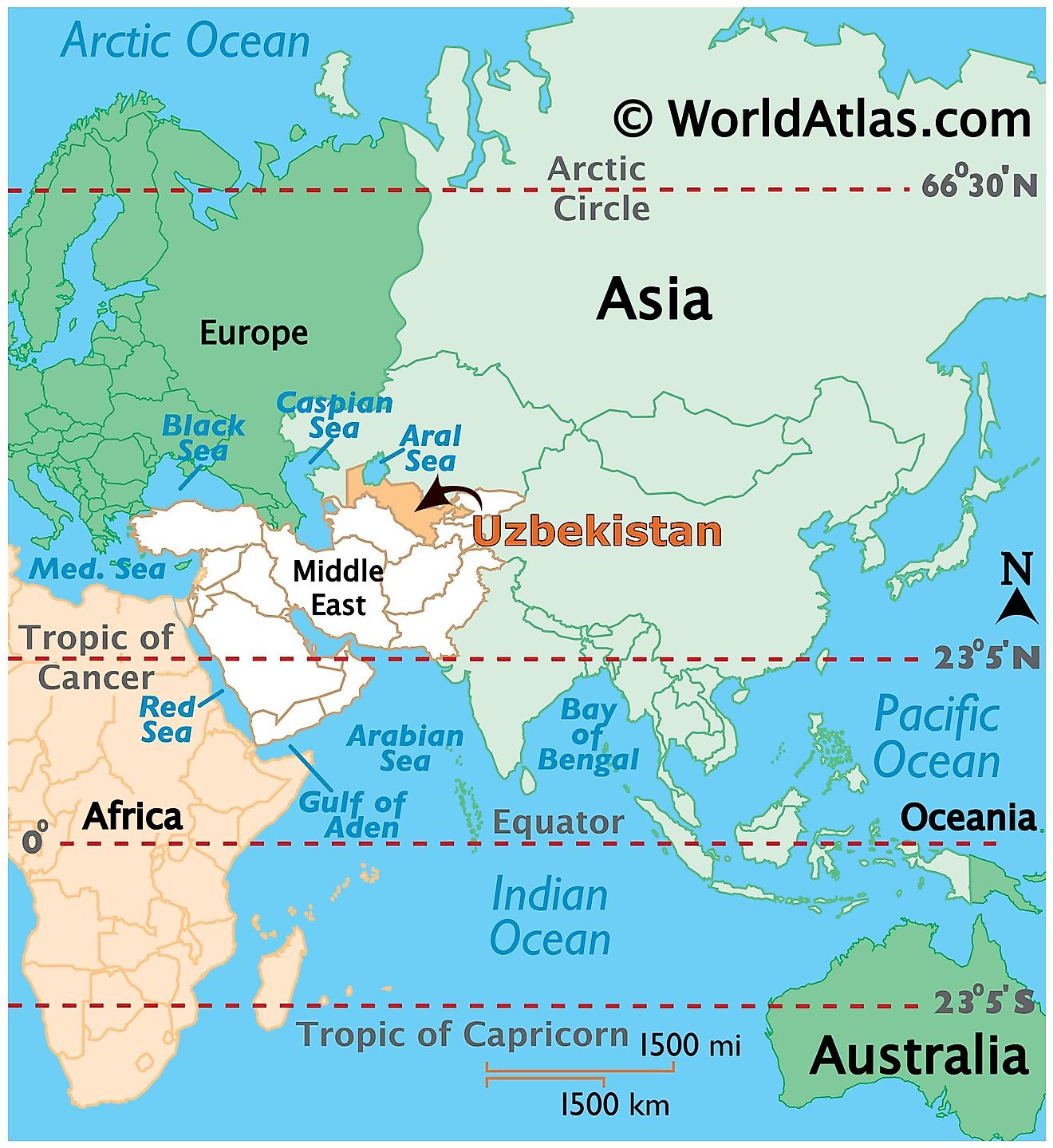 Map showing location of Uzbekistan in the world.