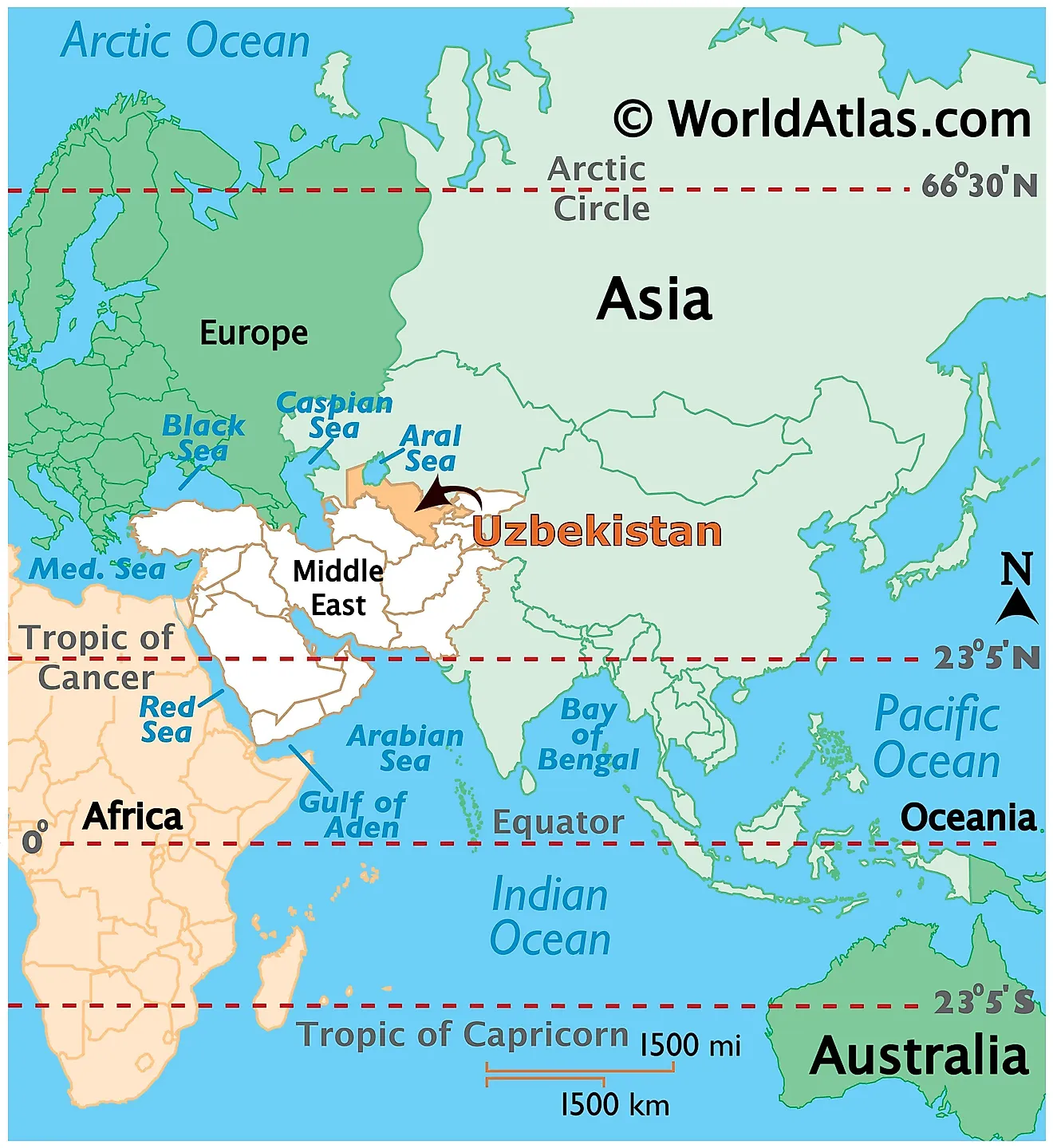 Map showing location of Uzbekistan in the world.