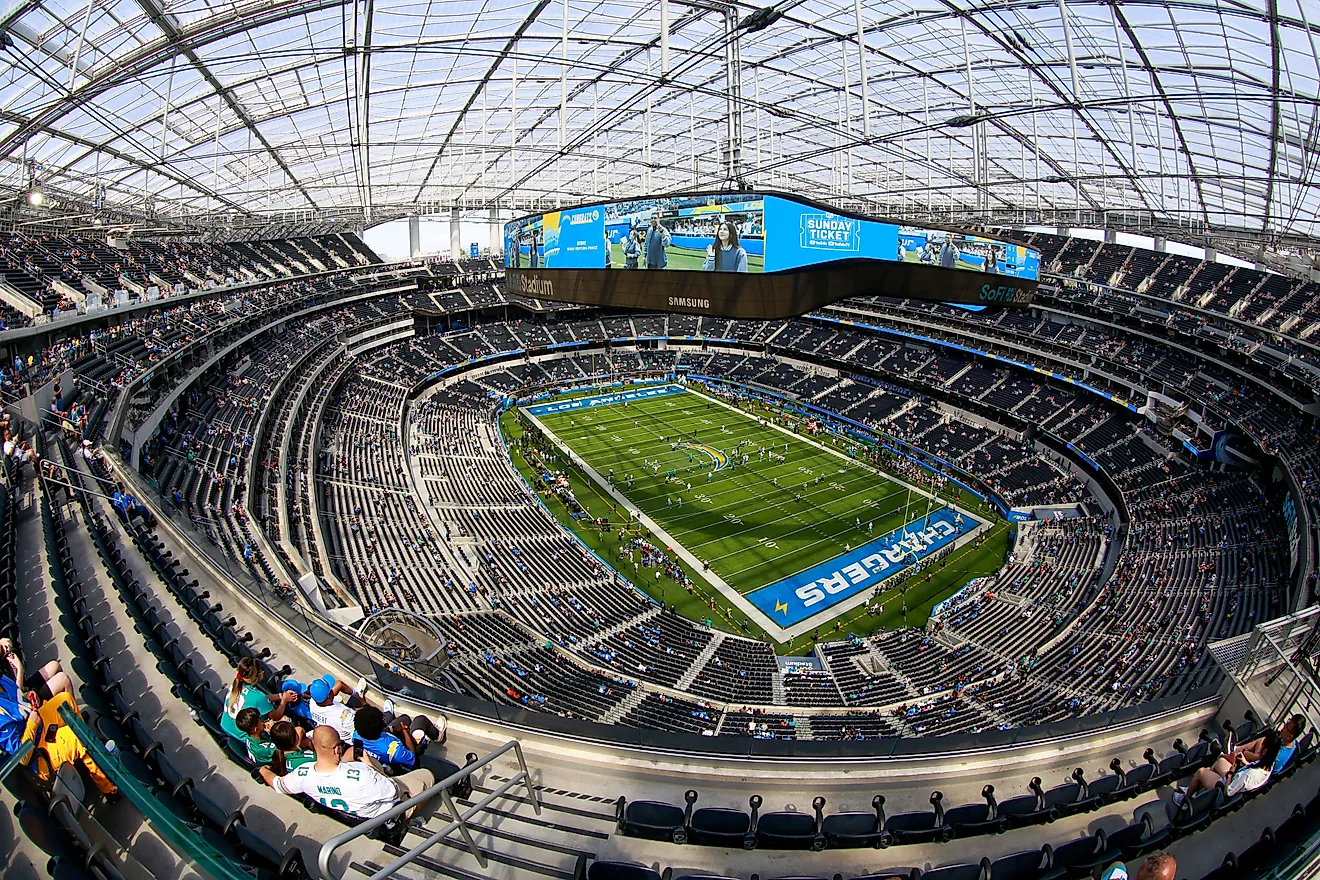 A general view of the SoFi Stadium prior to an NFL football game between the Miami Dolphins and the Los Angeles Chargers. Editorial credit: Ringo Chiu / Shutterstock.com