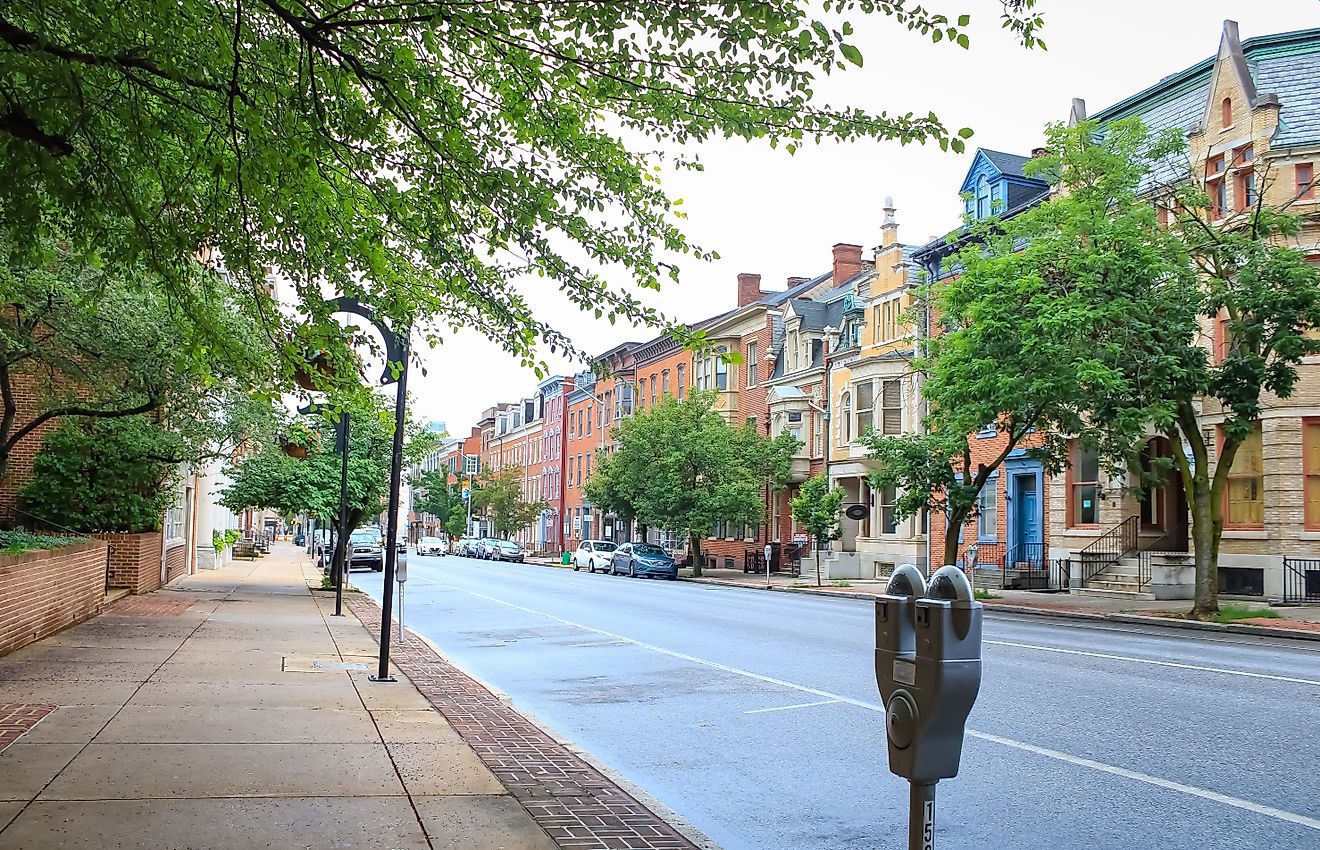 Historic brick buildings in York, Pennsylvania, on a rainy morning. Editorial credit: Sabrina Janelle Gordon / Shutterstock.com
