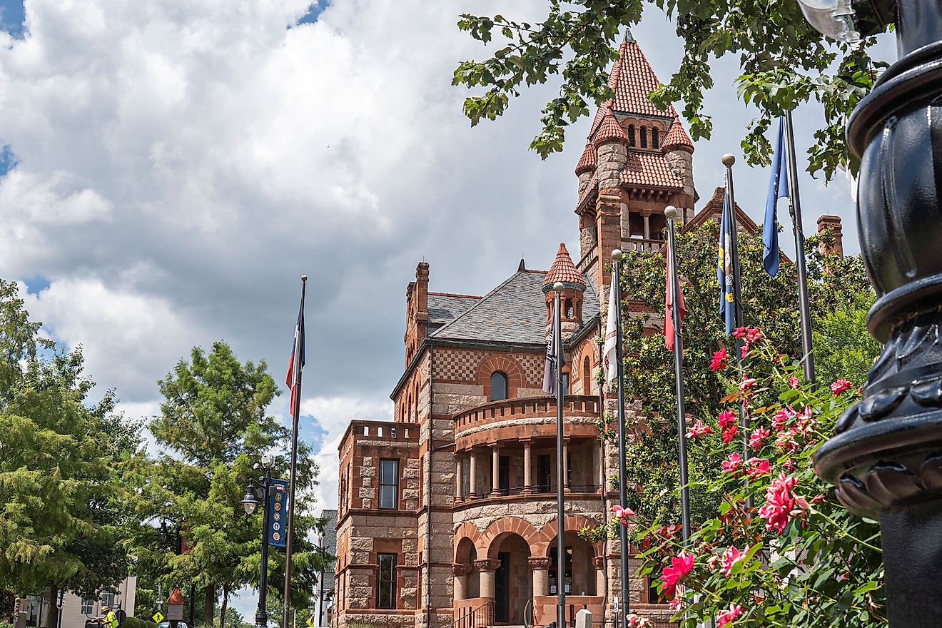 Sulphur Springs, Texas, USA - June 24, 2020 - The courthouse squre, in Sulphur Springs, TX is also a memorial for military veterans from Hopkins County. Editorial Photo Credit: Timothy L Barnes Shuttestock. 