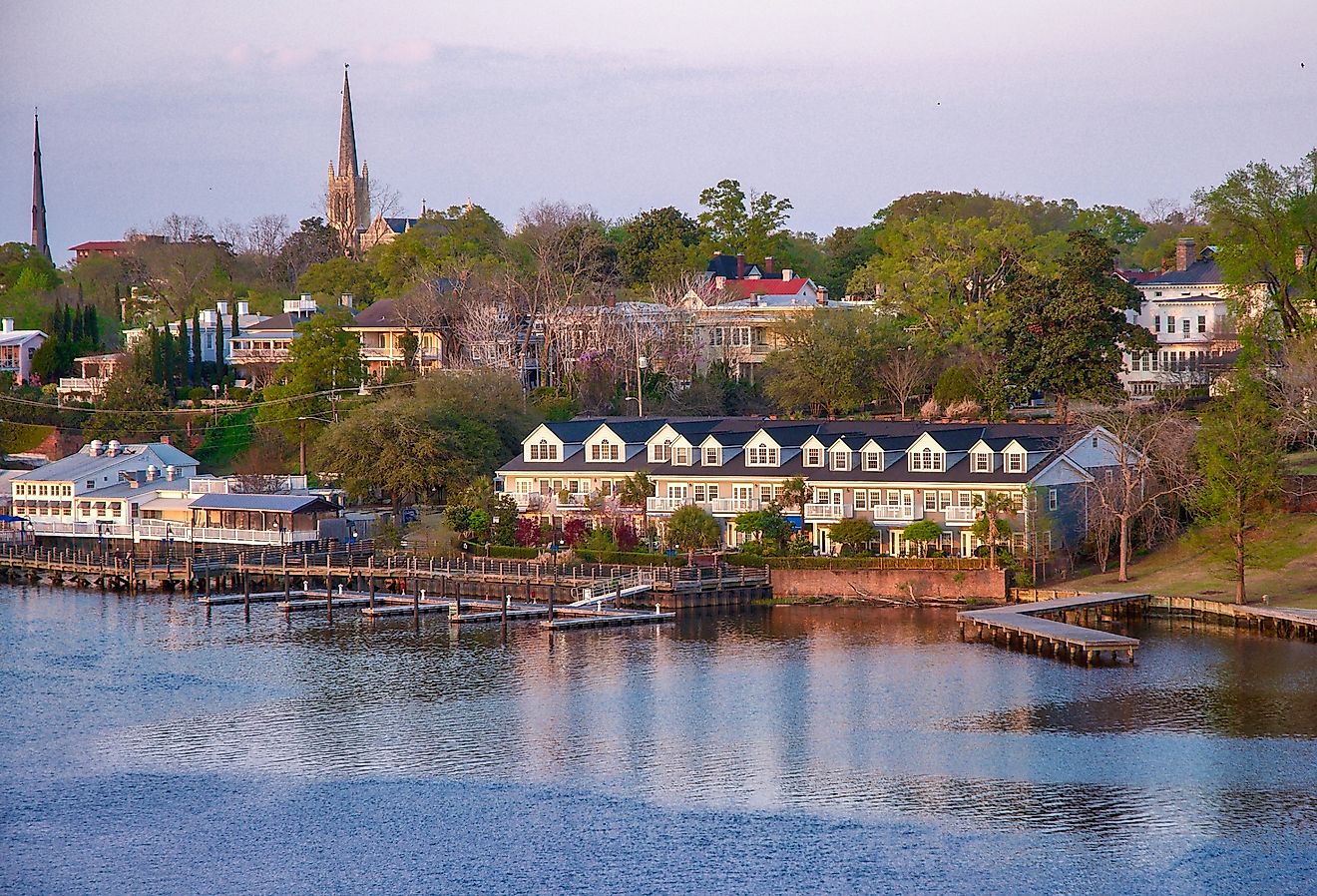 Riverwalk at Wilmington, North Carolina, Cape Fear river Waterfront landscape.