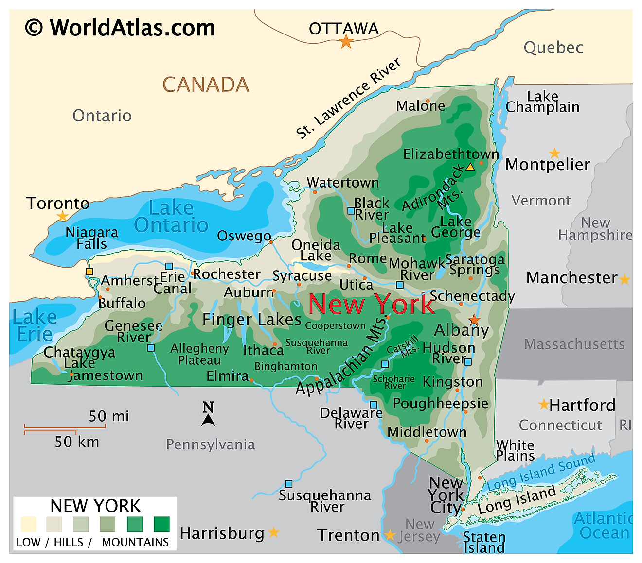 Mapa Físico de Nueva York. Muestra las características físicas de Nueva York, incluidas sus cadenas montañosas, ríos y lagos importantes.
