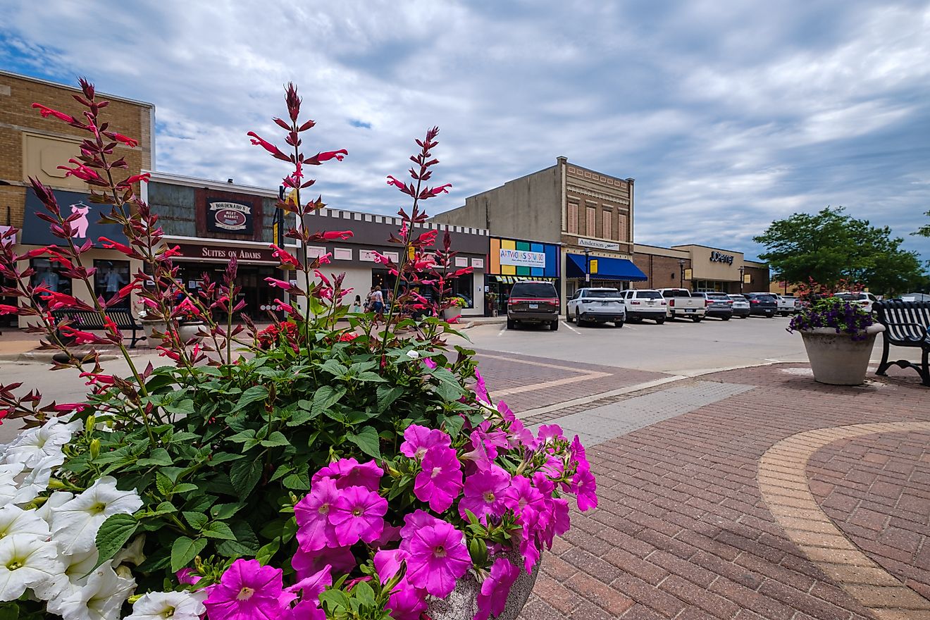 A planter with flowers in downtown Carroll, Iowa. Jared Winkler . Wikimedia Commons.