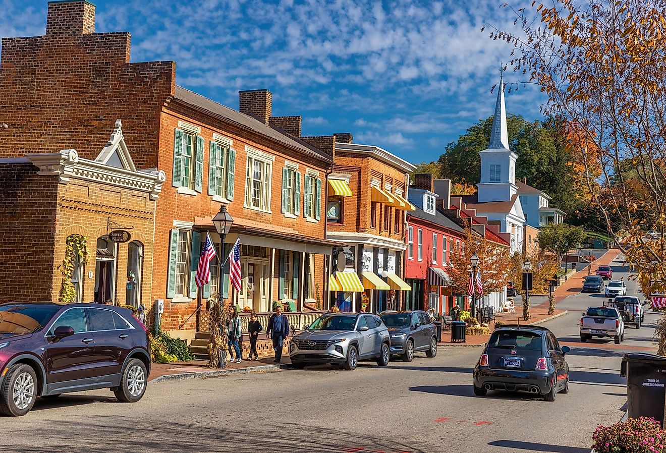 Autumn colors and decor welcome tourists visiting the historical town of Jonesborough, Tennessee. Editorial credit: Dee Browning / Shutterstock.com