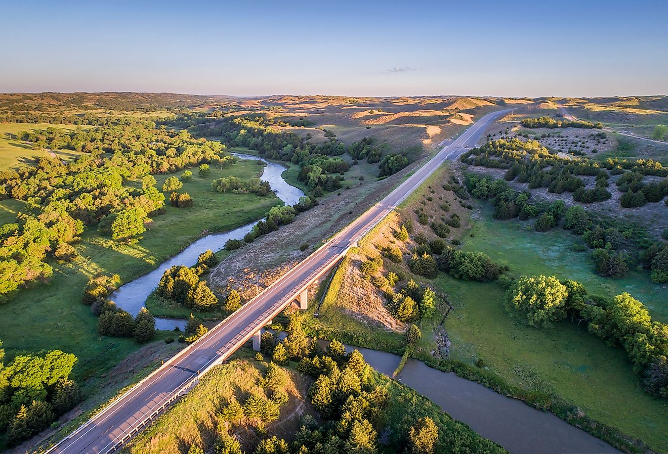 Aerial view of a highway and bridge over the Dismal River in the Nebraska Sandhills near Thedford. Image credit marekuliasz via Shutterstock.