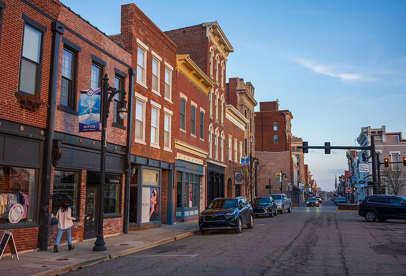 Main Street of the small town of Vincennes is filled with boutiques, restaurants, mom and pop shops and art galleries. Image credit JWCohen via Shutterstock. 