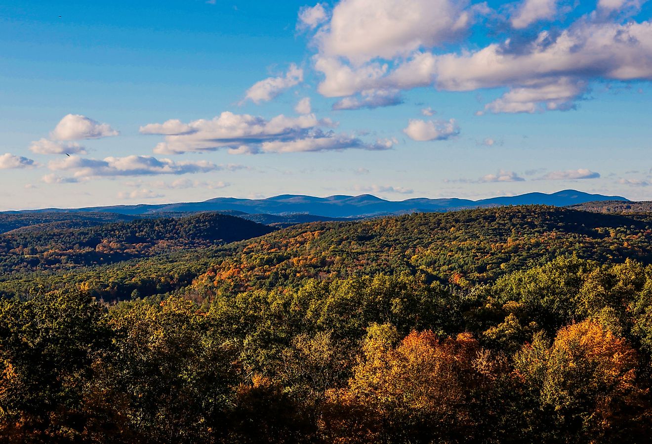 The Berkshire Hills seen from atop Mohawk Mountain with fall colors in Cornwall Connecticut. Image credit Alexanderstock23 via Shutterstock.