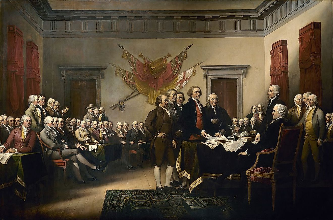 John Adams is at the centre with hand on his hip while the committee presents the declaration of independence to congress