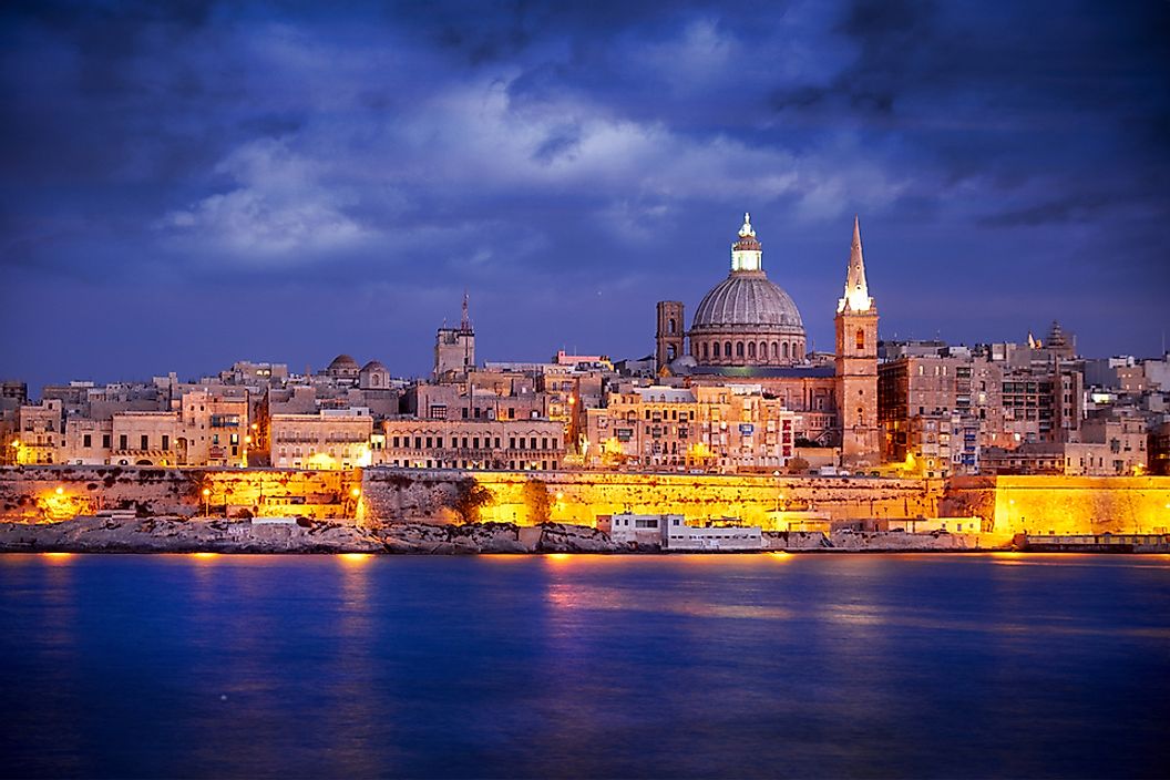The skyline of Valletta, Malta at sunset.