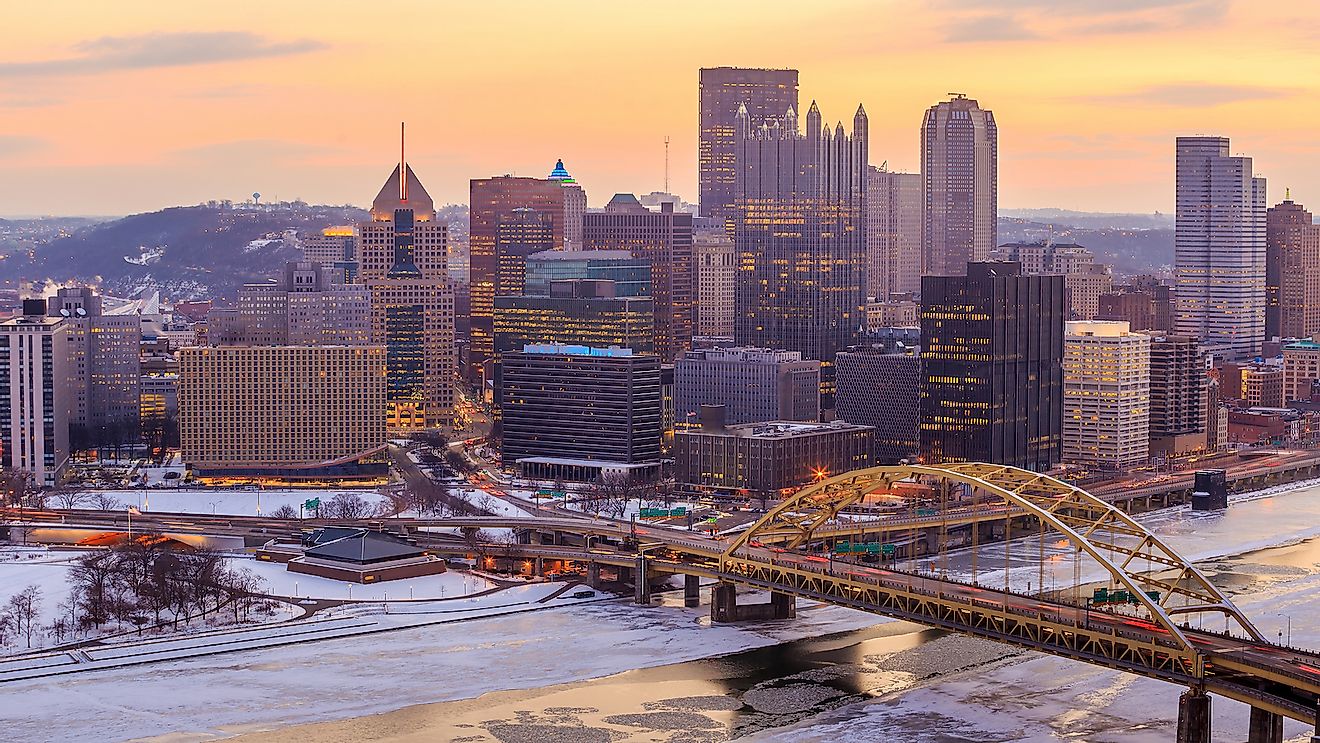 Skyline of downtown Pittsburgh at sunrise.