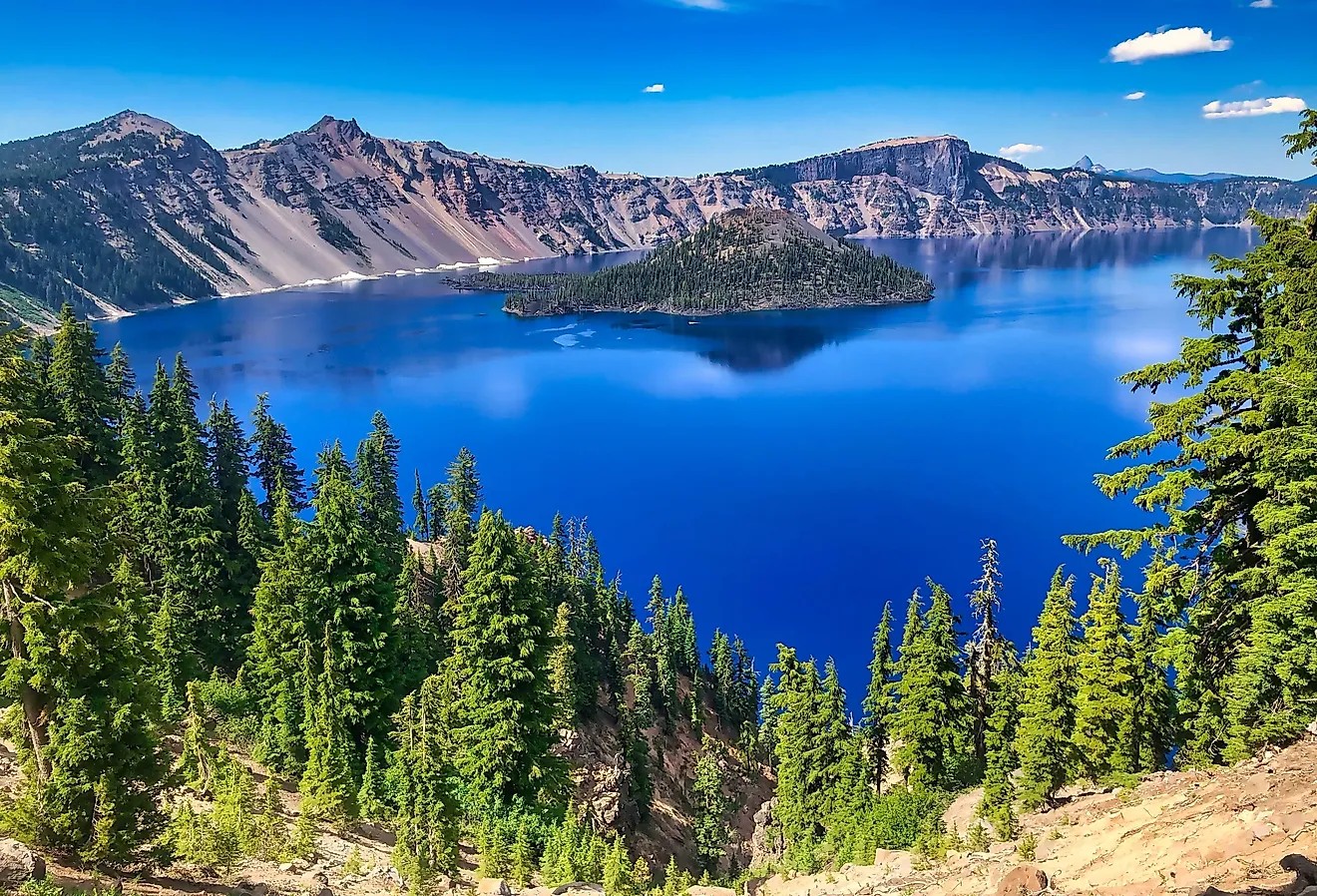 Summer View of Wizard Island at Crater Lake National Park in Oregon.