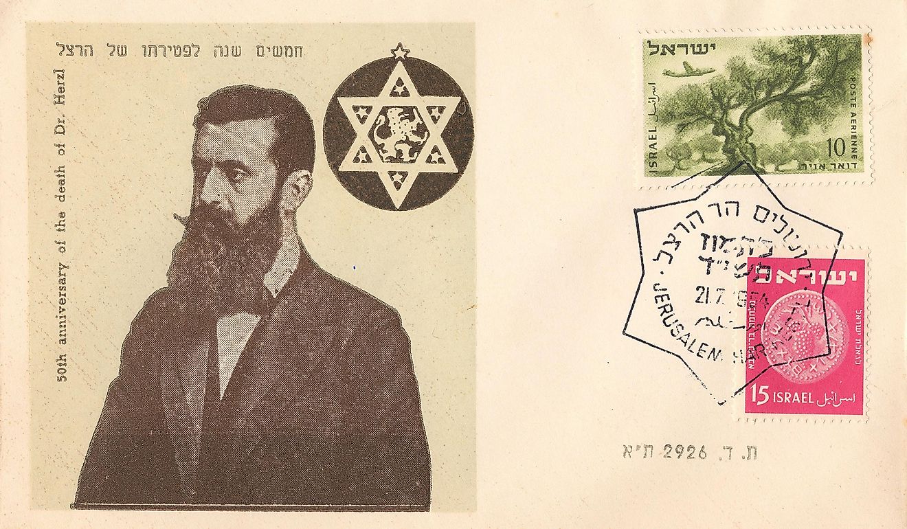 An Israeli vintage used envelope showing portrait of Zionist leader Doctor Theodor Herzl, CIRCA 1954. Source: Shutterstock.com.