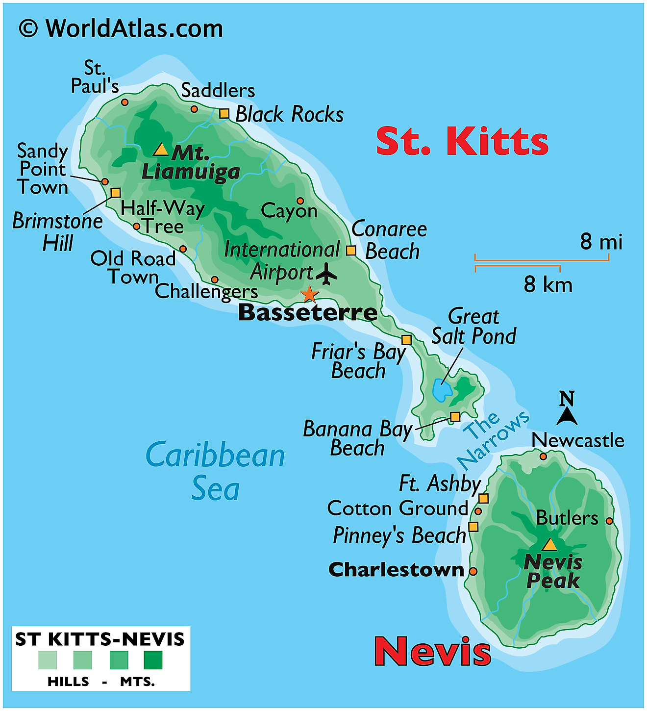 Mapa físico de San Cristóbal y Nieves que muestra el relieve, las islas, las montañas, las playas, los asentamientos importantes, etc.
