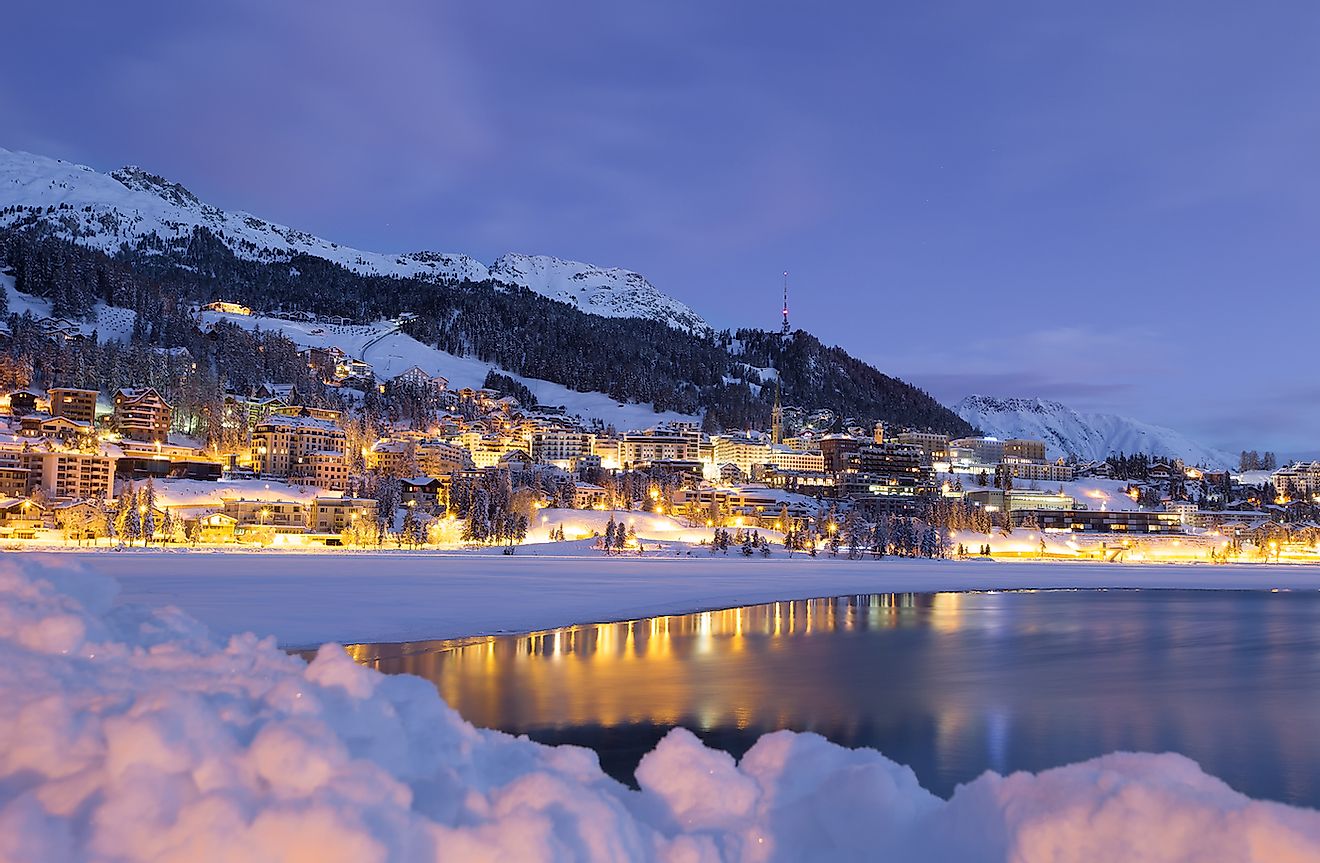 Winter landscape in St. Moritz (German: Sankt Moritz; Italian: San Maurizio), a resort town in the Engadine valley in Switzerland. Image credit: Yongyot Therdthai/Shutterstock.com