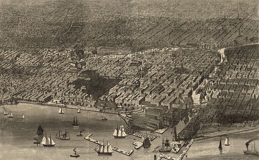 An image showering the burnt district of Chicago following the fire of 1871.