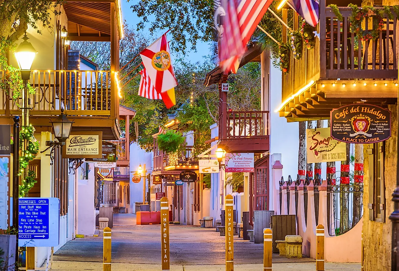 Shops and inns line St. George St in St. Augustine. Once the main street, it is still considered the heart of the city. Image credit: Sean Pavone via Shutterstock.