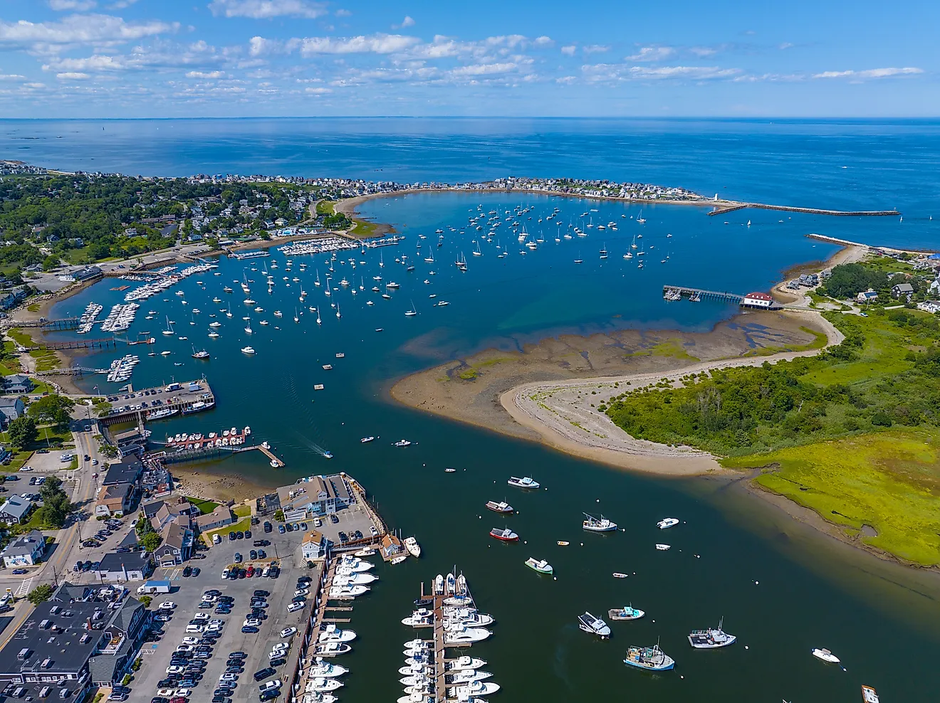 Scituate Harbor aerial view including Bulman Marine and Harbor Marina in town of Scituate, Massachusetts MA, USA. 