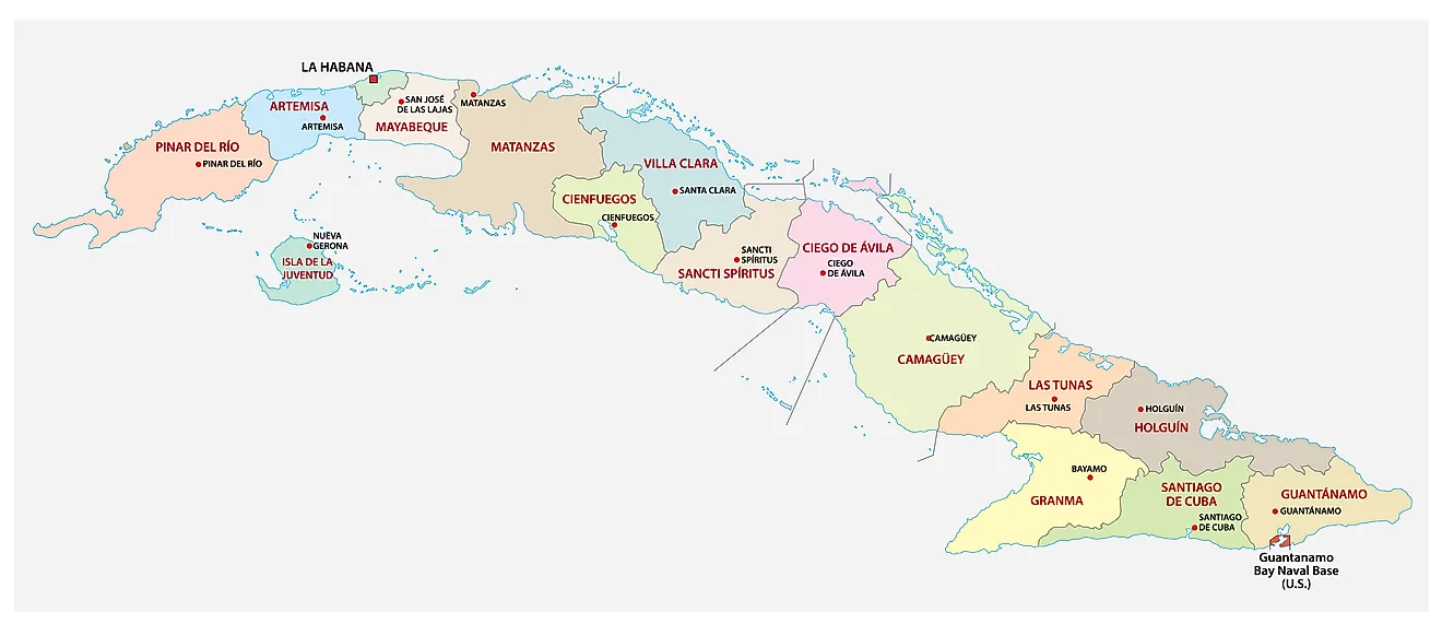 Political Map of Cuba showing its 15 provinces and 1 special municipality and the capital city of Havana.